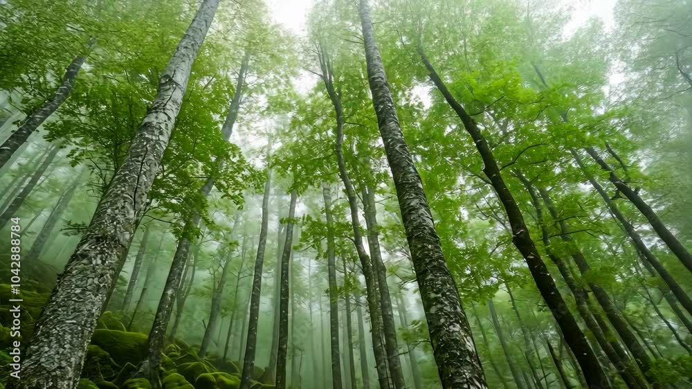 Tall trees rise through the mist in a lush forest Tall trees rise through the mist in a lush forest