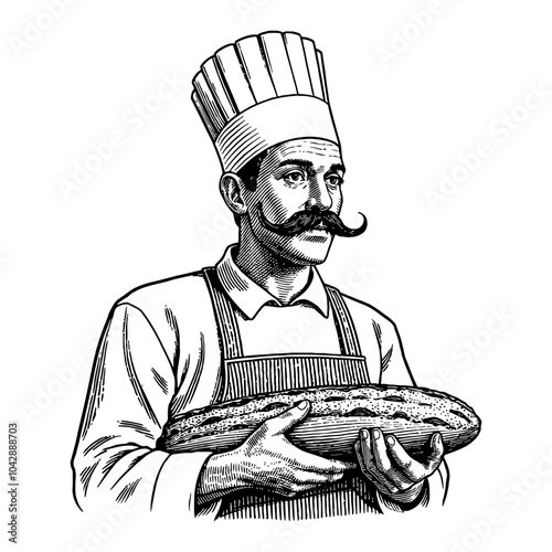 Italian Baker Wearing Hat Holding Long Bread in Detailed Black and White Outline Line Art Drawing