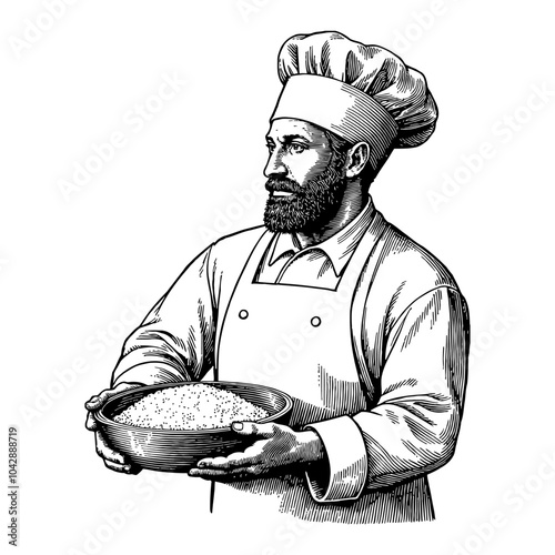 Italian Baker Holding Bowl of Flour in Black and White Outline Line Art Drawing Style