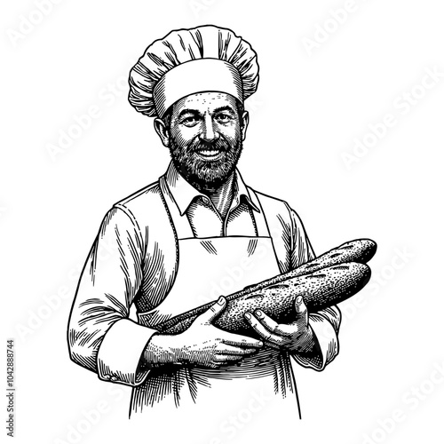 Italian Baker with Hat Holding Long Bread in Black and White Outline Line Art Drawing Sketch