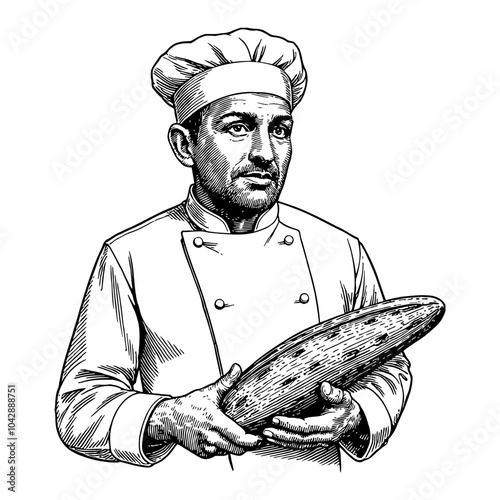 Italian Baker Holding Long Bread in Detailed Black and White Outline Line Art Drawing