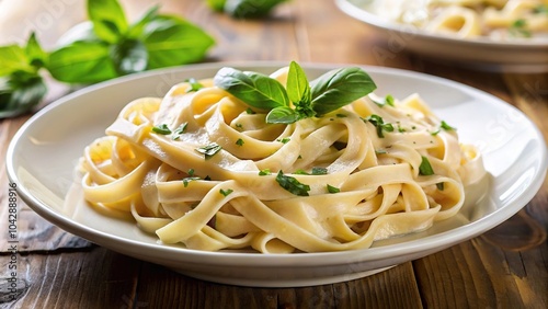 Creamy Fettuccine Alfredo with Fresh Basil Garnish viewed from a low angle