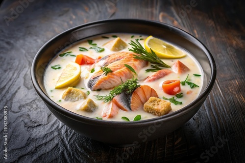 Creamy fish soup with salmon and seafood on a dark background