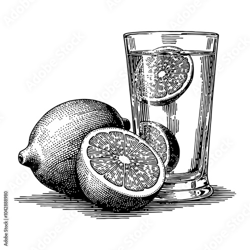 Lemon and Glass of Water Detailed Black and White Outline Line Art Drawing with Intricate Design