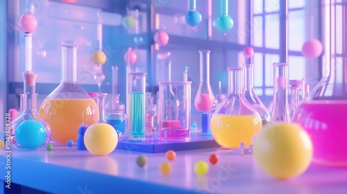 Colorful laboratory setup with glassware, liquids, and molecular models