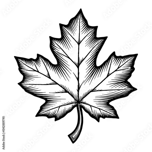 Oak Leaf in Detailed Black and White Outline Line Art Drawing with Logo Design Elements