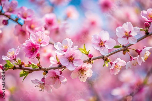 description: Pink blossoms on tree branches at a tilted angle in springtime