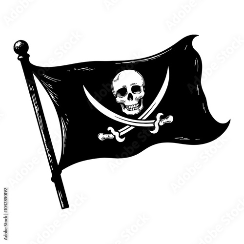 Pirate Black Flag with Skull and Crossbones in Black and White Outline Line Art Drawing