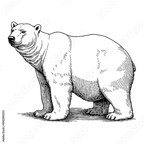 Polar Bear Standing Side View in Black and White Outline Line Art Drawing with Detailed Features