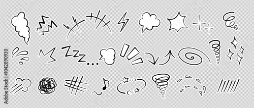 Manga or anime comic emoticon element graphic effects hand drawn doodle vector illustration set isolated on dotted background. Sticker style manga doodle line expression scribble anime mark collection