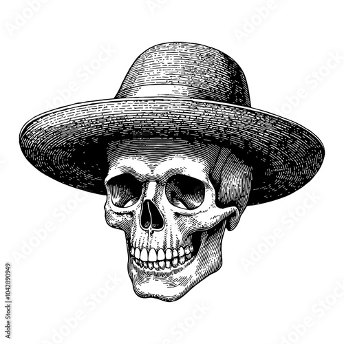 Skull Head Wearing Round Straw Hat in Detailed Black and White Outline Line Art Drawing