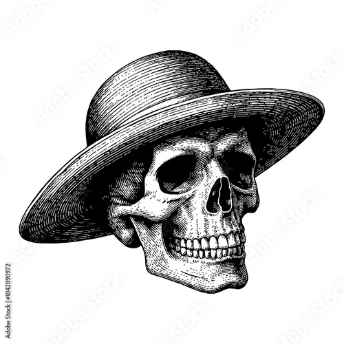 Skull Head with Straw Hat in Vintage Black and White Outline Line Art Drawing Style