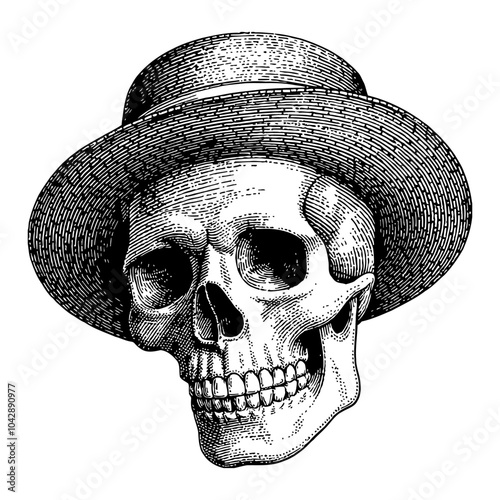 Skull with Straw Hat in Vintage Black and White Outline Line Art Drawing Style Side View