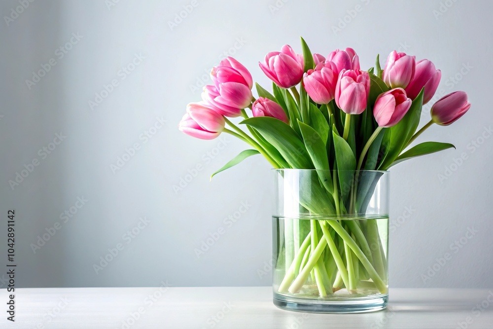 Fototapeta premium description: Wide-Angle Bouquet of pink tulips in a cylinder glass vase full of hydrogel on white background horizontal