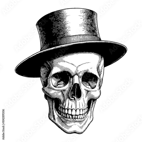 Skull Head Wearing Top Hat in Intricate Black and White Outline Line Art Drawing