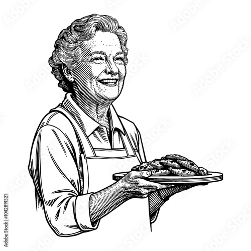 Smiling Old Grandma Holding Tray of Cookies in Black and White Outline Line Art Drawing