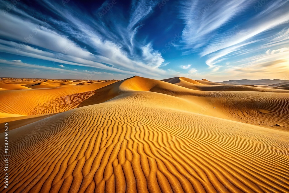 Naklejka premium Desert landscape with golden sand dunes reflecting the sun