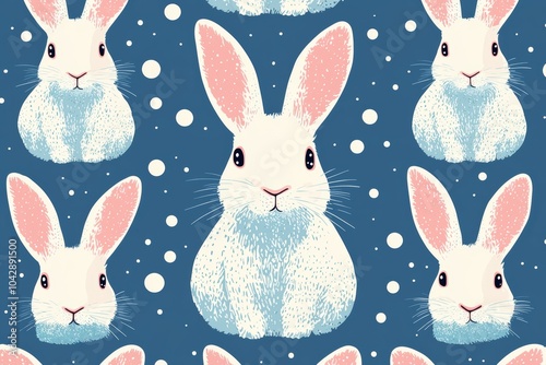 Cute cartoon bunnies with pink ears on a blue background, creating a playful and whimsical pattern for fabric or wallpaper designs