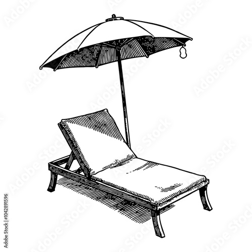 Sunbed and Beach Umbrella Illustration in Black and White Outline Line Art Drawing