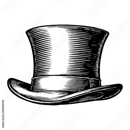 Vintage Top Hat in Detailed Black and White Outline Line Art Drawing with Engraving Style