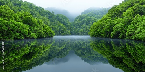 Serene Mist Shrouded Lake with Green Forest Reflection