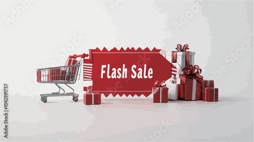 3d rendering of red sale label with gift boxes and shopping cart.eps