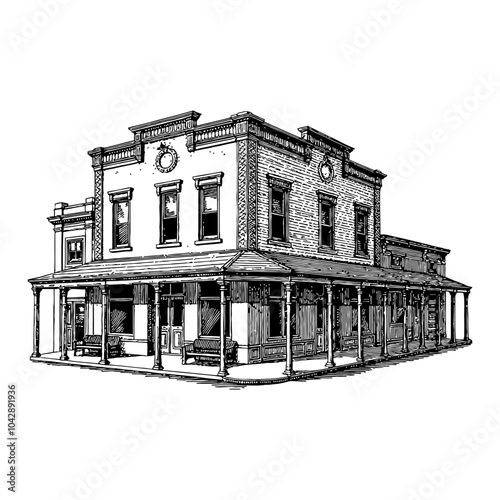Vintage Saloon Building in Detailed Black and White Outline Line Art Drawing Perspective View