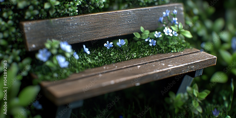 Naklejka premium Wooden Bench with Blue Flowers in Lush Greenery