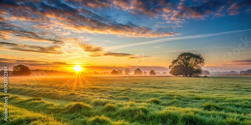 Forced perspective sunrise over a grassy field in North East Lincolnshire