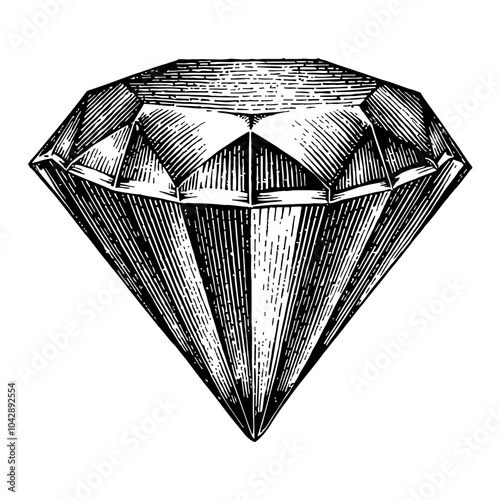 Detailed Diamond Gemstone in Black and White Outline Line Art Drawing with Facets