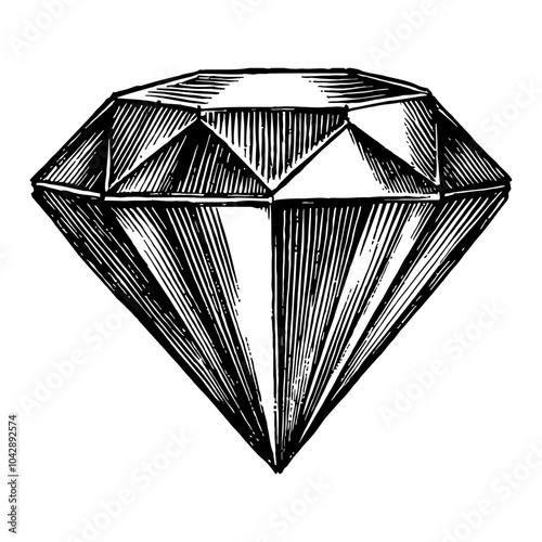 Diamond Gemstone Vintage Detailed Black and White Outline Line Art Drawing Illustration