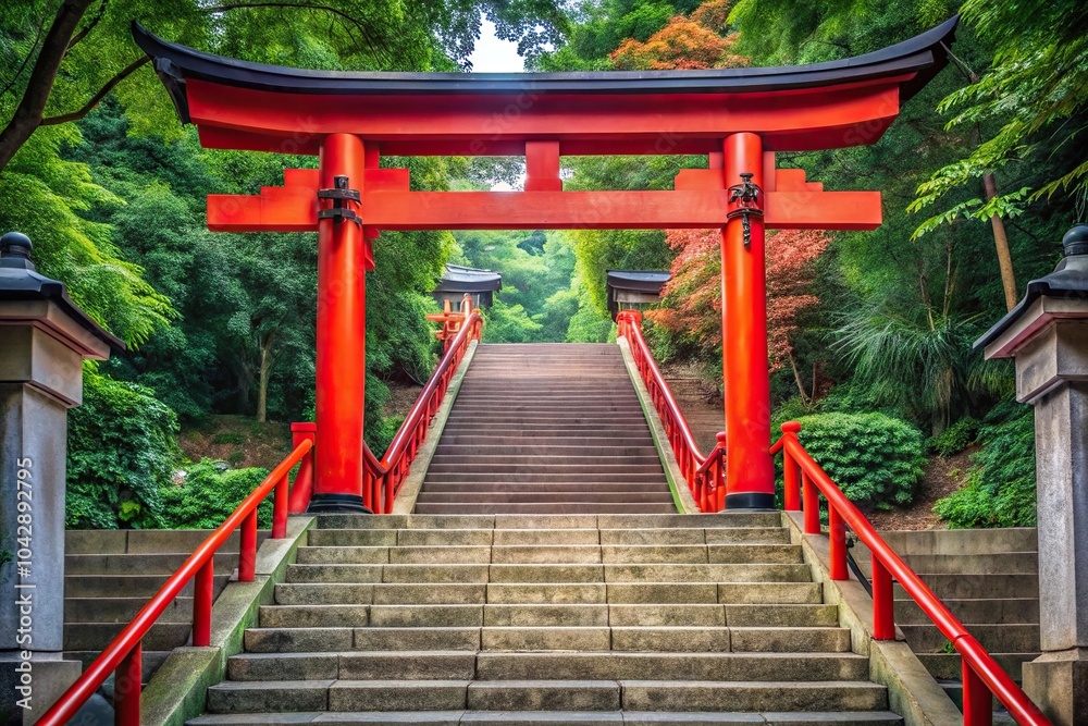 Forced perspective view of a red torii gate in front of stairs at a Japanese shrine Forced perspective view of a red torii gate in front of stairs at a Japanese shrine