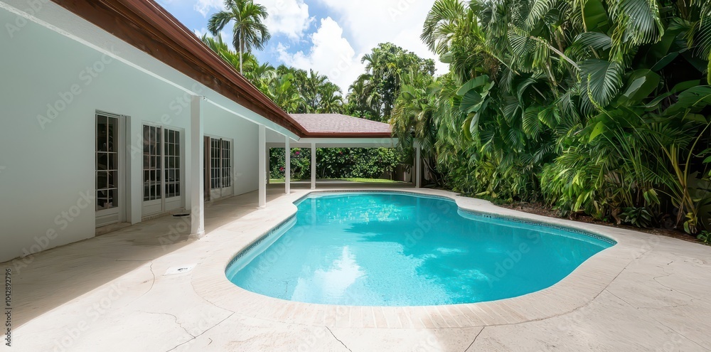 Exclusive luxury private pool surrounded by lush greenery, perfect for relaxation and sunny days.