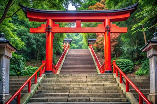 Forced perspective view of a red torii gate in front of stairs at a Japanese shrine