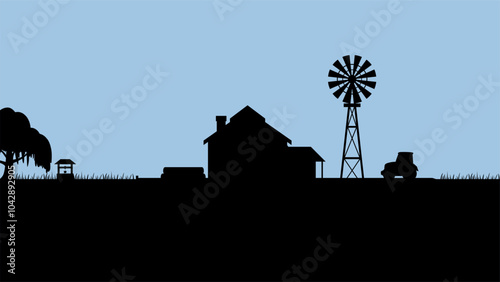 Landscape illustration of farmhouse silhouette and windmill