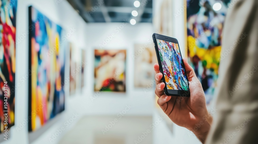 Art gallery visit, person holding smartphone capturing artwork Art gallery visit, person holding smartphone capturing artwork