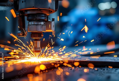 CNC Laser cutting of metal, modern industrial technology. Small depth of field. Warning - authentic shooting in challenging conditions. A little bit grain and maybe blurred.
