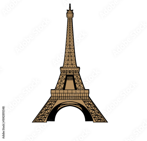 Image of the Eiffel Tower on white background. Gold colored tower