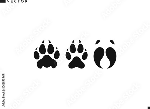 Paw print silhouette. Isolated bull cow leopard wolf and fox paw prints vector