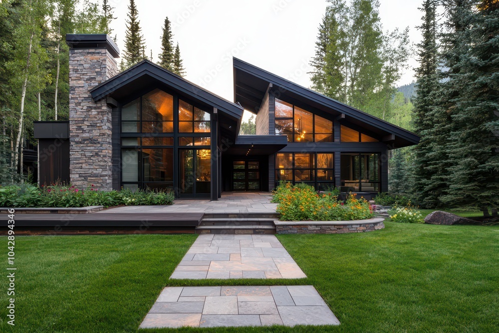 Sustainable luxury home showcasing bold contrast of stone and modern design for eco-conscious living. Sustainable luxury home showcasing bold contrast of stone and modern design for eco-conscious living.