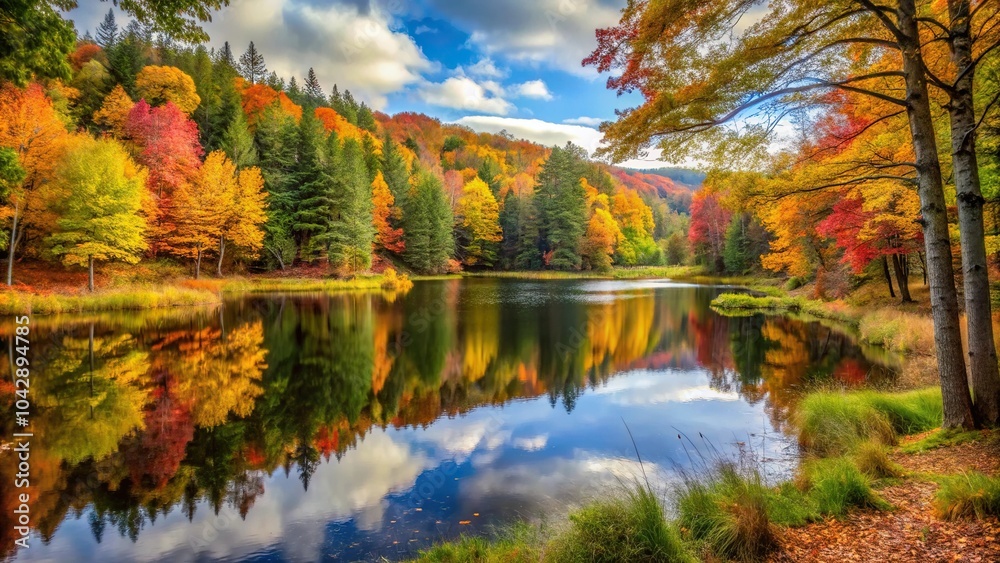 Forest glade at fall with lake Forest glade at fall with lake