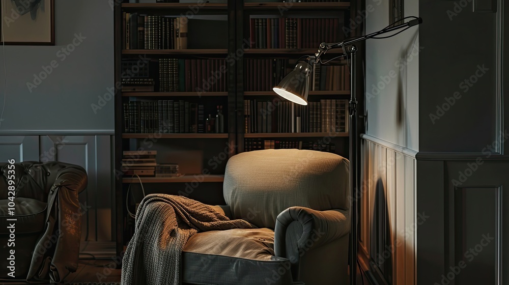 Cozy reading nook with a comfortable chair, blanket, and lamp in a home library. Home comfort, relaxation, and interior design Cozy reading nook with a comfortable chair, blanket, and lamp in a home library. Home comfort, relaxation, and interior design