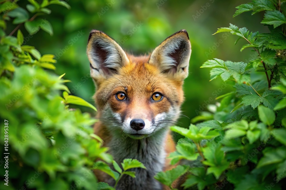 Fototapeta premium Curious red fox peeking through dense green forest foliage