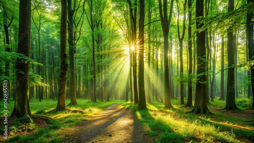 Fototapeta premium Forest scene with sunlight filtering through tall trees casting a green glow on the ground