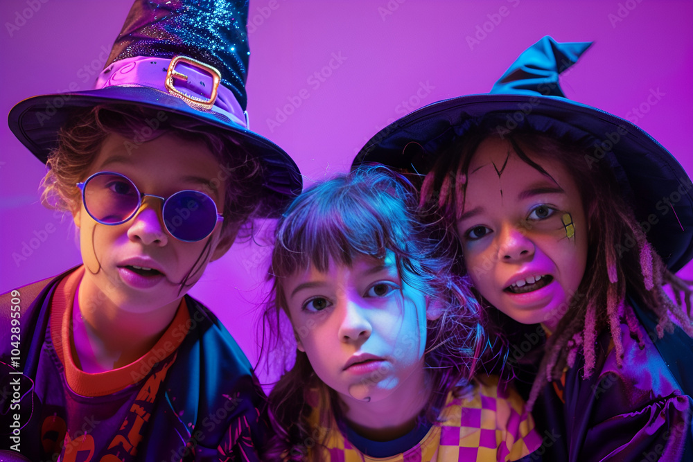 Obraz premium Children wearing halloween witch costume, Generative AI