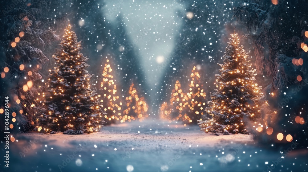 Snowy Christmas trees illuminated with lights, winter wonderland scene Snowy Christmas trees illuminated with lights, winter wonderland scene