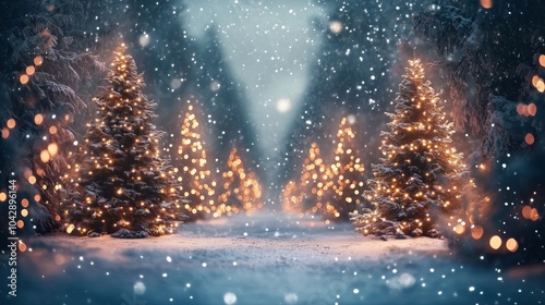 Snowy Christmas trees illuminated with lights, winter wonderland scene