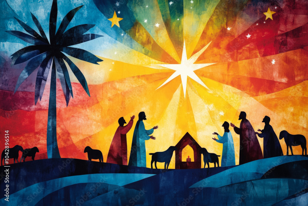 Naklejka premium illustrated wallpaper showing shepherds joyfully sharing news, Christs birth surrounded by their flock under vibrant star