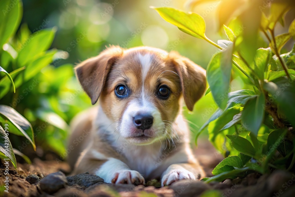 Cute mixed breed puppy seeking shelter under plant from sun macro image Cute mixed breed puppy seeking shelter under plant from sun macro image