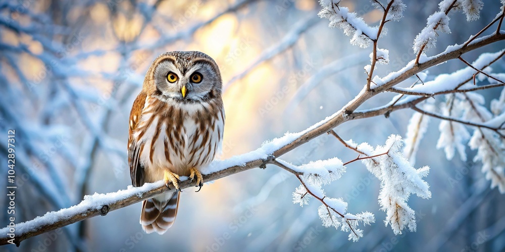 cute owl perched on tree branch against winter sky cute owl perched on tree branch against winter sky